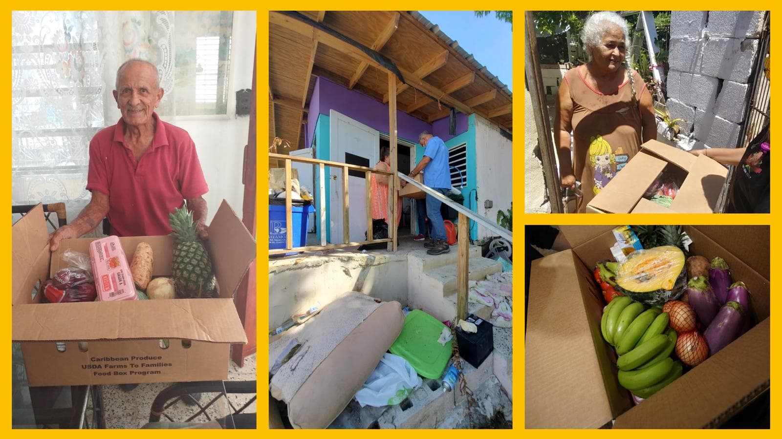 Adultos mayores recibiendo sus cajas de alimentos